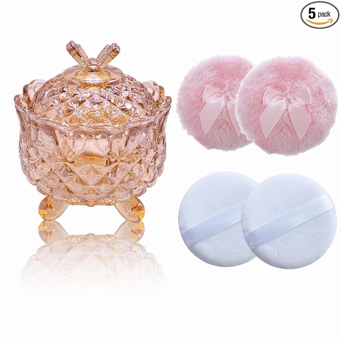 5 Pieces Large Body Powder Puff and Powder Container, Crystal Case for Dust Puff, Powder applicator with Box for Face and Body (Amber, Butterfly)