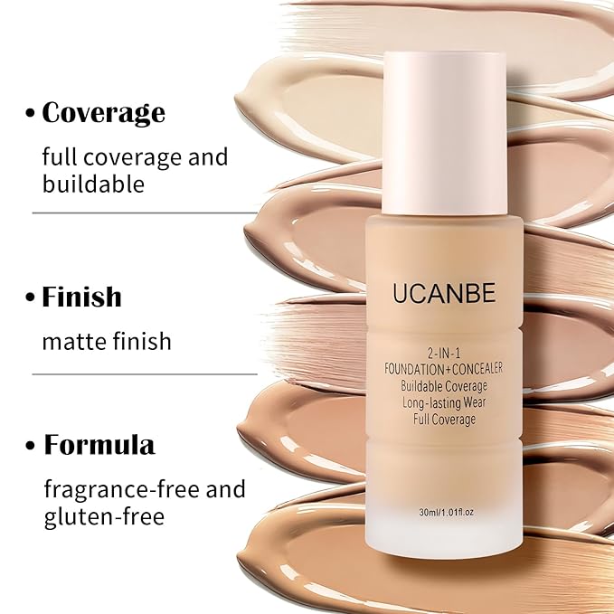 UCANBE 2-IN-1 Foundation + Concealer, Full Coverage Long-Lasting Matte Makeup for Normal, Combination and Oily Skin, Buildable Waterproof Formula with Hyaluronic Acid （08 Sun Beige）