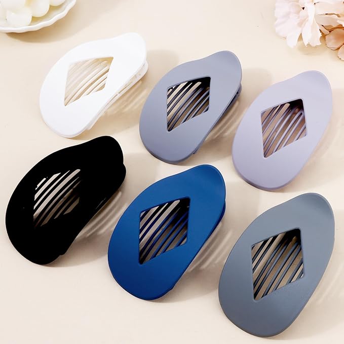 Atoden Large Flat Round Hair Clips Oval Claw Clips for Thick Medium Thin Hair 6Pcs Non Slip Strong Hold Barrettes Duckbill Accessories for Women Girls Matte Solid Color Grey Blue