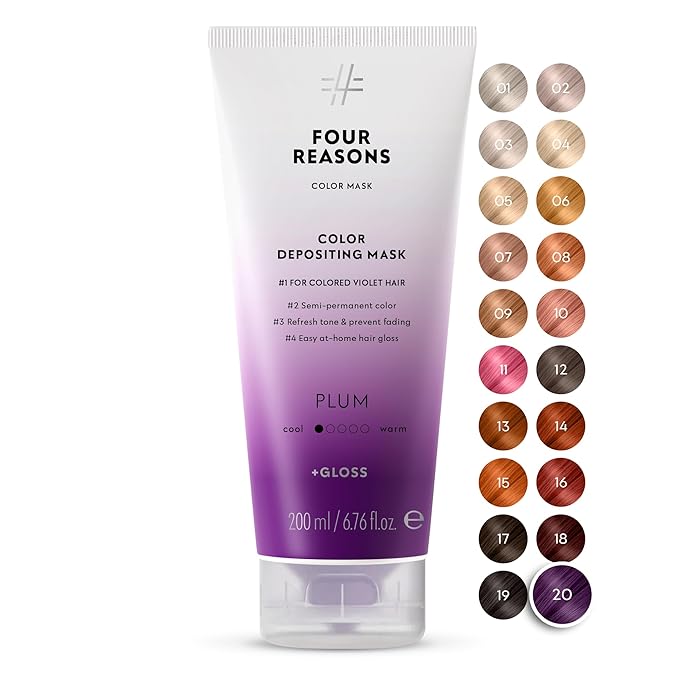 FOUR REASONS Color Mask, Plum (27 Colors) – Hair Gloss & Color Depositing Conditioner – Semi Permanent Purple Hair Toner for Color-Treated Hair Color For Women – Vegan & Cruelty-Free – 6.76 fl oz
