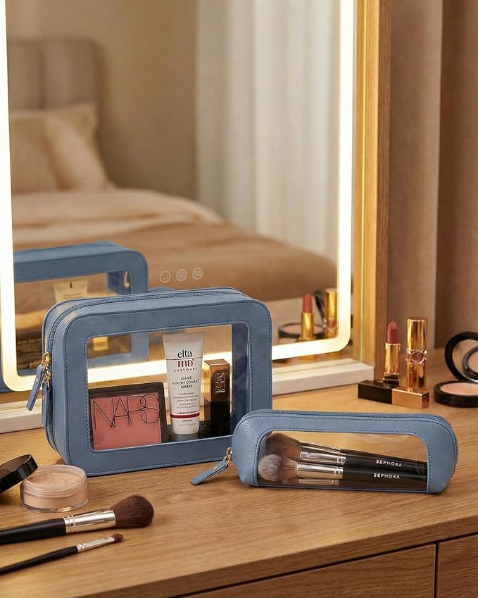 LETGO Clear Makeup Bag Set, Waterproof PU Leather Portable Makeup Bag Holder with Transparent Window, Travel Lipstick Case Pouch Car Organizer and Storage for Cosmetics (2Pack-Standard&Slim, Blue)