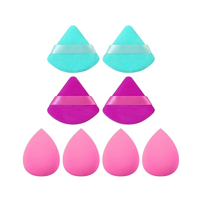 Freeman Puffs N' Stuff Powder Puffs + Liquid Sponges 8 Count Set, Makeup Blending Sponges For Liquid & Cream Foundation & Concealer, Triangle Powder Puff For Setting Powder, Vegan & Cruelty Free
