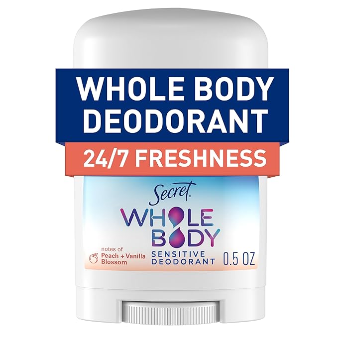 Secret Whole Body Deodorant Stick for Women, Travel Size, Peach & Vanilla Blossom Scent, Aluminum Free Deodorant, 72 HR Odor Protection, 0.5 oz