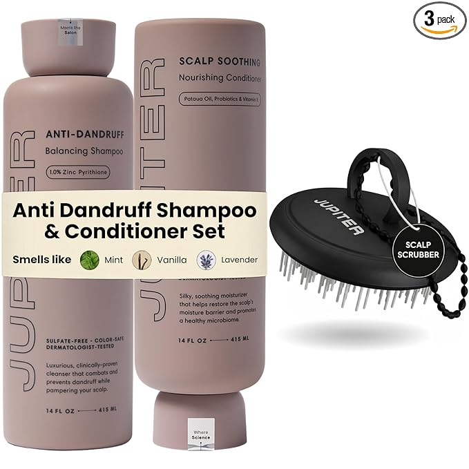 Jupiter Anti Dandruff Shampoo, Conditioner, & Scalp Scrubber for Flaky, Itchy & Dry Scalp - Hydrates & Reduces Flakes - Scalp Treatment & Hair Care Set - Color-Safe, Sulfate-Free, Paraben-Free