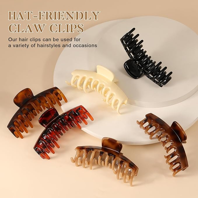 6 Pcs Hat Claw Clip for Women, Hat-Friendly Claw Clips for Trucker Hat & Baseball Cap - 4.3 Inch Large Tortoise Hat Claw Clip for Medium/Thick Hair, Non-Slip Trucker Hat Hair Clips Accessories