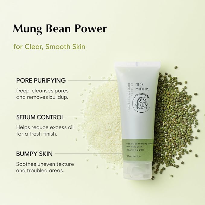 MIDHA RICE LOW PH HYDRATING CLEANSER WITH MUNG BEAN, 5.07fl.oz/150ml,Balanced pH Gel Cleanser, Hydrating, Soothing, Gentle Daily Cleanser, Deep Cleansing, Pore-Purifying, Nourishing Care