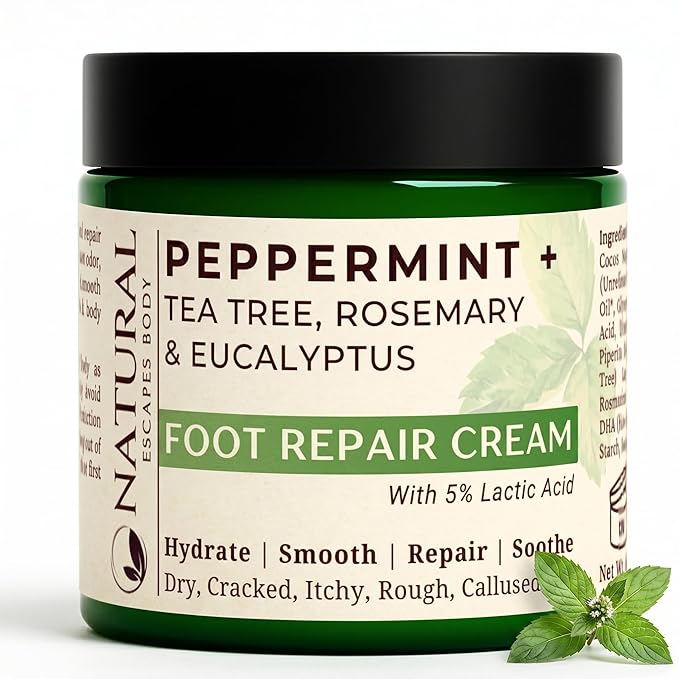 Peppermint Foot Cream for Dry Feet & Cracked Heels, Heel Repair Cream, Callus Remover w/ 5% Lactic Acid, Tea Tree Oil, Eucalyptus & Rosemary, Natural Foot Moisturizer for Dry Skin, 8 oz