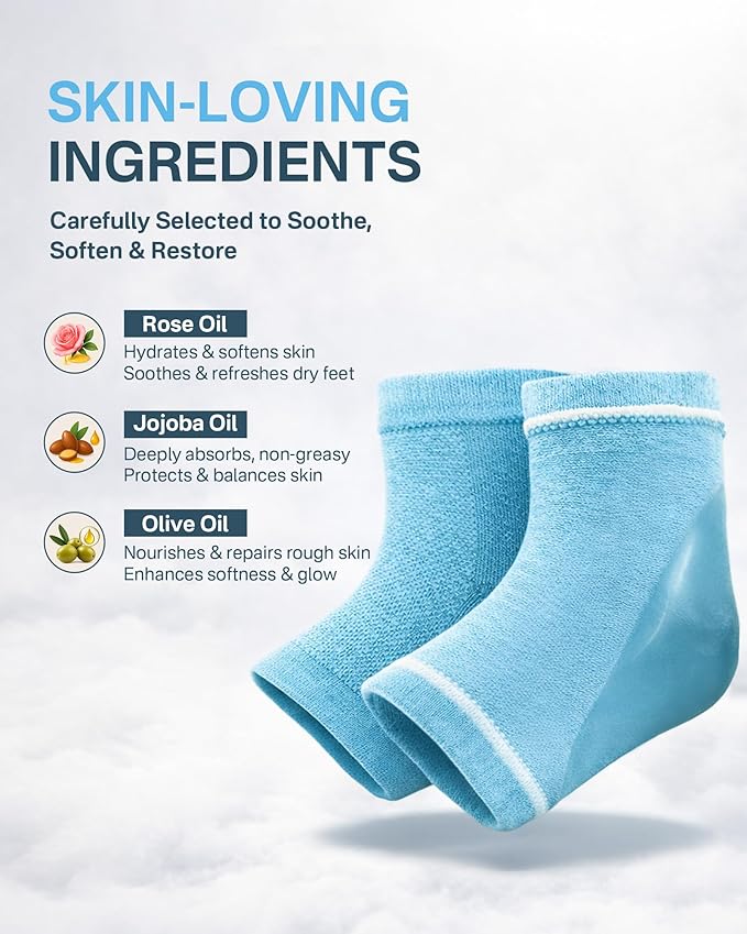 Moisturizing Socks, 100% Cotton Heel Socks for Dry Cracked Feet Women, Cracked Heel Treatment Silicone Heel Socks, Breathable Hydrating Gel Heel Protectors for Repair, Spa & Daily Use, 2 Pairs, Blue