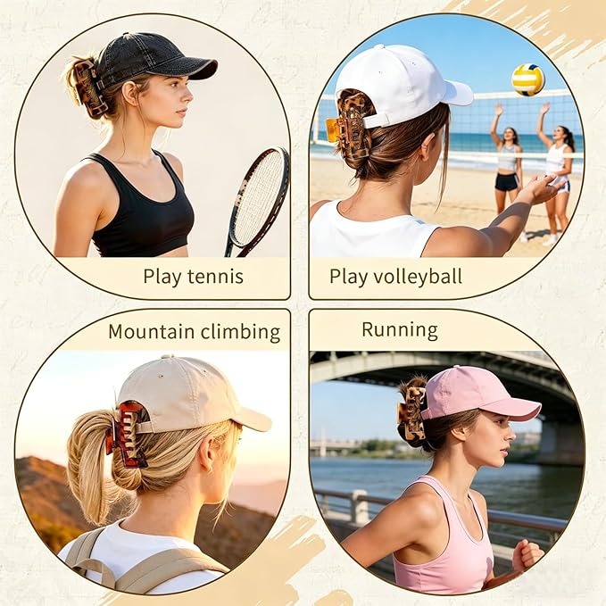 4 Pcs Large Hats Claw Clips for Women, Hat-Friendly Hair Clips for Trucker Hats and Baseball Caps, Tortoise Shell Non-Slip Strong Hold Hair Claw Clips for Thick Thin Hair