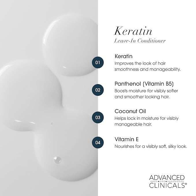 Advanced Clinicals Keratin Detangler Spray. Detangling Hair Spray for Strong, Shiny Hair. Lightweight, Leave-in Conditioner with Amino Acids, Vitamin B5, Olive Oil Softens and Nourishes Hair, 8 Fl Oz