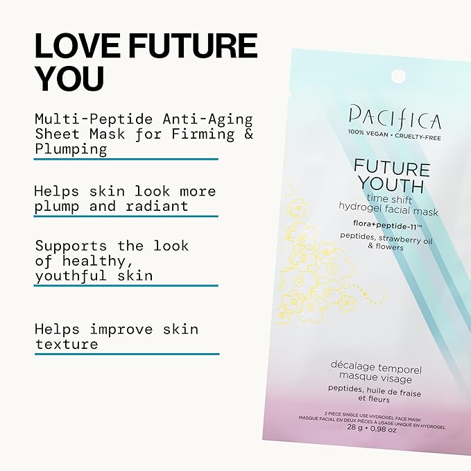 Pacifica Future Youth Time Shift Hydrogel Facial Mask - 6-PACK - Multi-Peptide Anti-Aging Sheet Mask for Firming & Plumping, Ultra-Hydrating Serum-Infused Mask for Face & Neck, 100% Vegan