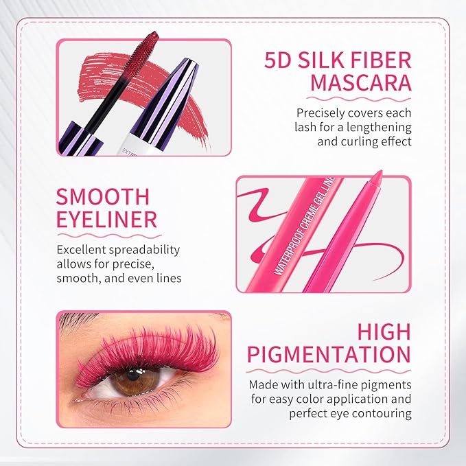 Pink Mascara and Eyeliner Set,5D Colored Mascara Volume and Length Waterproof,Natural Curling rimel de pestañas,Suitable for Women Eye Makeup