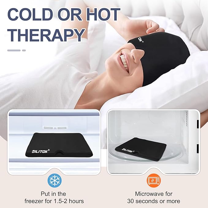 Migraine Relief Gel Ice Head Wrap, Hot and Cold Therapy Headache Relief Hat, Migraine Cap for Puffy Eyes, Headache Eyes Mask for Sinus, Tension and Stress Relief (Black & Pink)