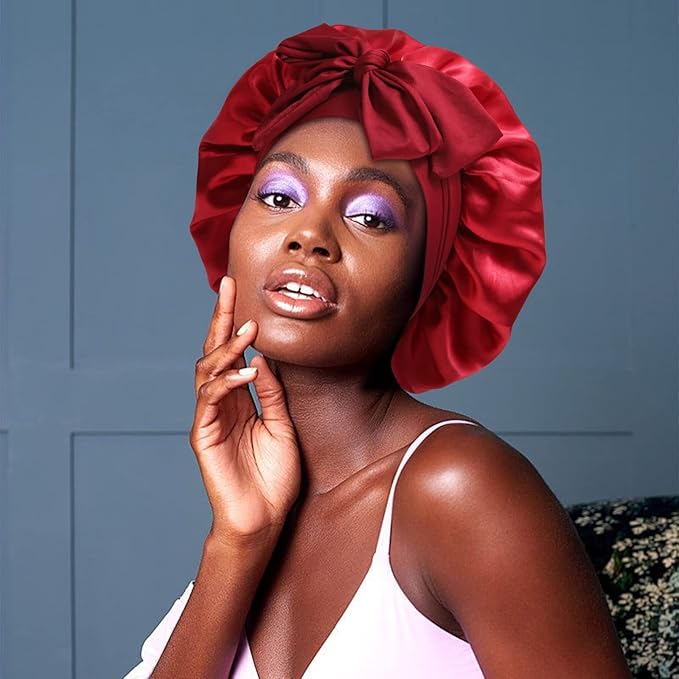 Satin Bonnet for Women With Tie Band - Large 2 Layered Silk Sleeping Cap Nightcap With 3PCS Hair Scrunchies (Wine Red)