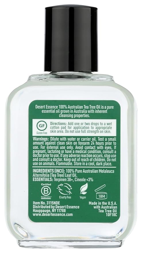 Desert Essence 100% Australian Tea Tree Oil Therapeutic Grade Essential Oil - Skin Cleansing, Clarifying, Soothing - Refreshing Air - Skin Care, Hair Care, Powerful Green Clean - Vegan, Non-GMO - 2oz