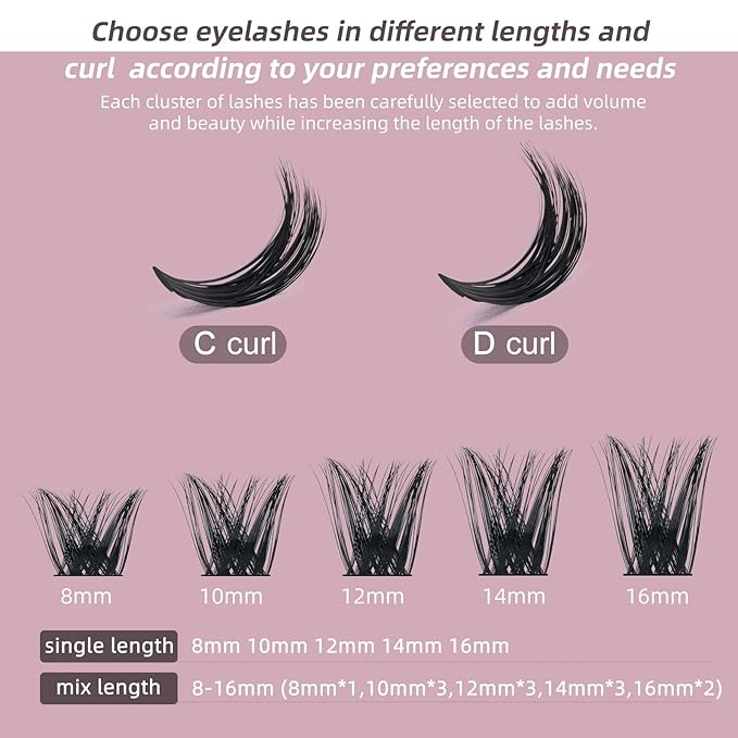 QUEWEL Lash Clusters 72 Pcs Wide Stem Individual Lashes C/D Curl 8-16mm Length DIY Lash Extension Soft False Eyelashes Wispy Cluster Lashes Easy to Create Natural Look At Home(Honey01-D-12mm)