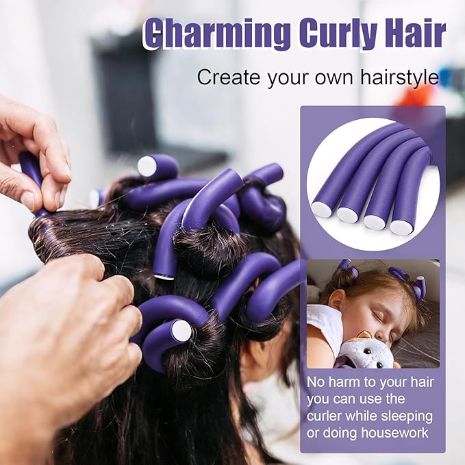 30 Pcs Heatless Hair Curlers 7 x 0.55 Inch Flexible Curling Rods Soft Foam Rollers No Heat Bendable Hair Rods Roller for Women Short Medium Long Hair, Purple