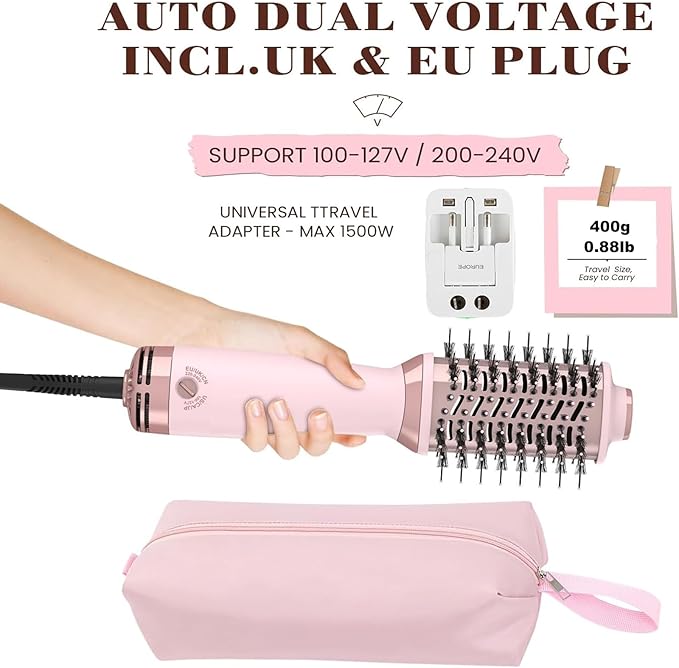 Travel Dual Voltage Hot Air Brush | 4 in 1 MIni Hair Dryer Brushes | 2 Inch Blow Dryer Brush with Storage Bag Global Adapter | One Step Volumizer Small Hair Dryer and Styler for All Hair Types