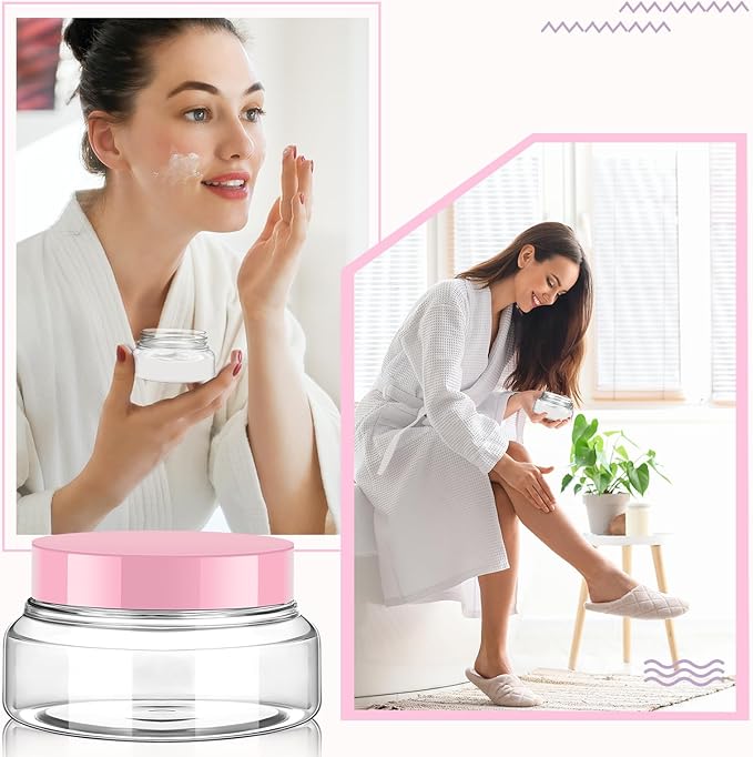 Tessco for you 24 Pack Plastic Jars with Lids Labels Multiuse Slime Containers Empty Body Scrub Jars Round Refillable Cosmetic Body Butter Container for Makeup (5 oz,Clear,Pink)