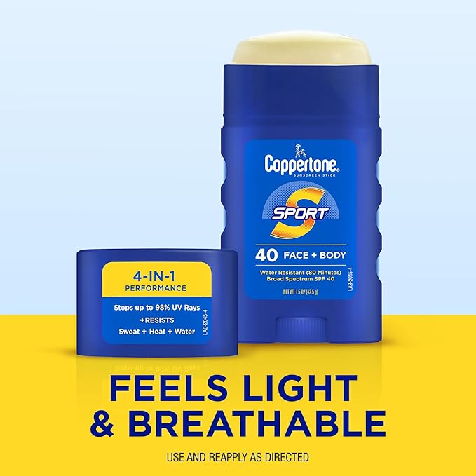 Coppertone Sport Sunscreen Stick SPF 40, Stick Sunscreen for Face and Body, Water Resistant, Travel Size, 1.5 Ounce (Pack of 2)