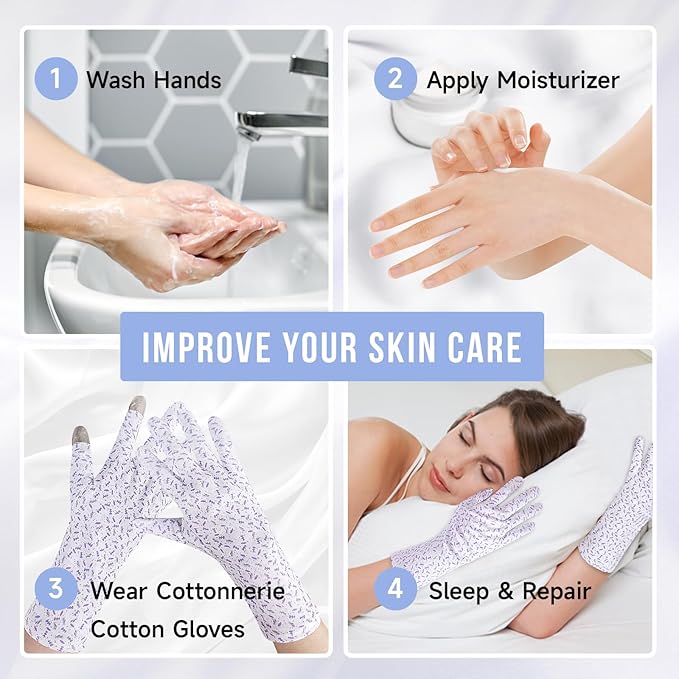 HandLove Premium 100% Cotton Gloves | Moisturizing Gloves for Dry Hands | Overnight Sleeping & Eczema | Touchscreen Friendly | Extended Wrist White Gloves & Lavender Dots, 6Pairs