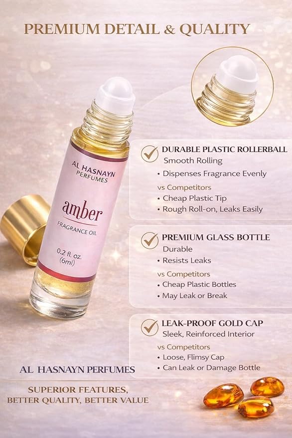 Amber Perfume Oil Roll-On - Alcohol Free Perfumes for Men and Women by AL HASNAYN 6ML 0.20fl oz