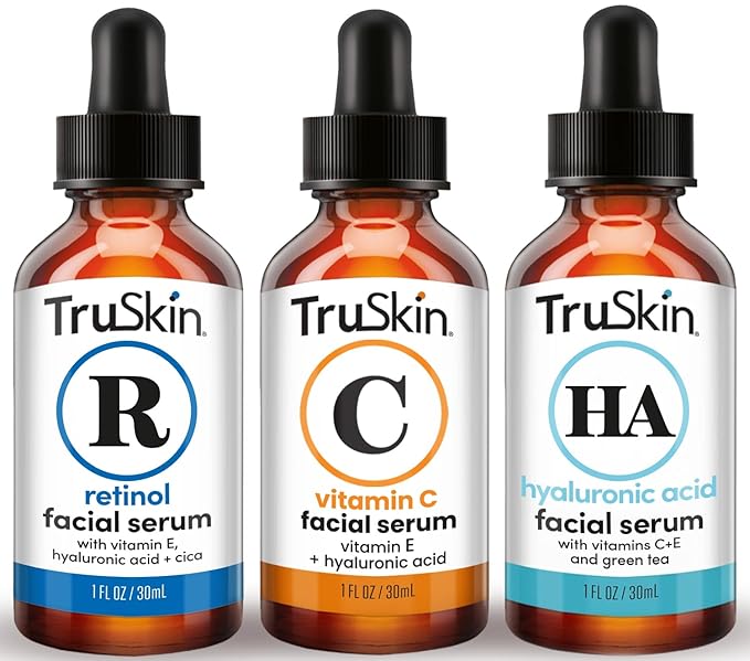 TruSkin Face Serum Trio - Vitamin C, Retinol & Hyaluronic Acid Anti-Aging Serums for Face - AM, PM & All-Day Skincare Routine - Brightening, Smoothing & Hydrating Facial Serums, 1 fl oz Each