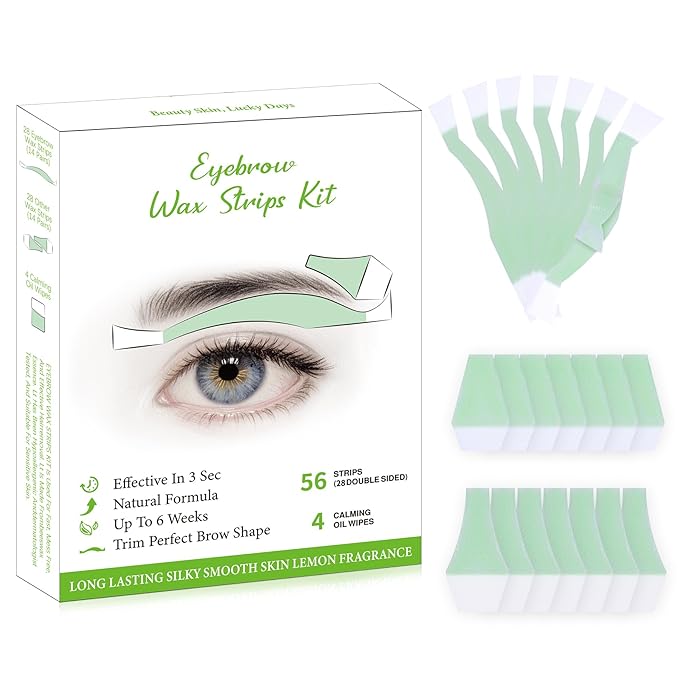Eyebrow Wax Strips - 56 Strip Eyebrow & Upper Lip Hair Remover with 4 Soothing Wipes | Natural Beeswax Formula | Painless at Home Hair Removal for Women & Sensitive Skin | Lasts 6 Weeks