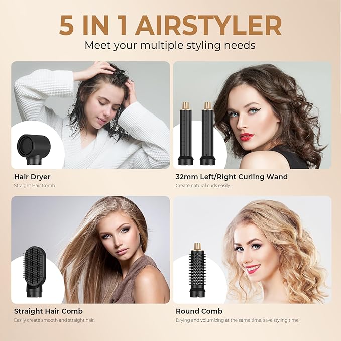 5 in 1 Hair Dryer Brush, Air Style Wrap Hair Styler, Negative Ion Blow Dryer, Hot Air Brush for Blow Drying, Hair Brush for Blow Drying, All-in-One Hair Styling Tool, Volumizing, Straightener & Curler