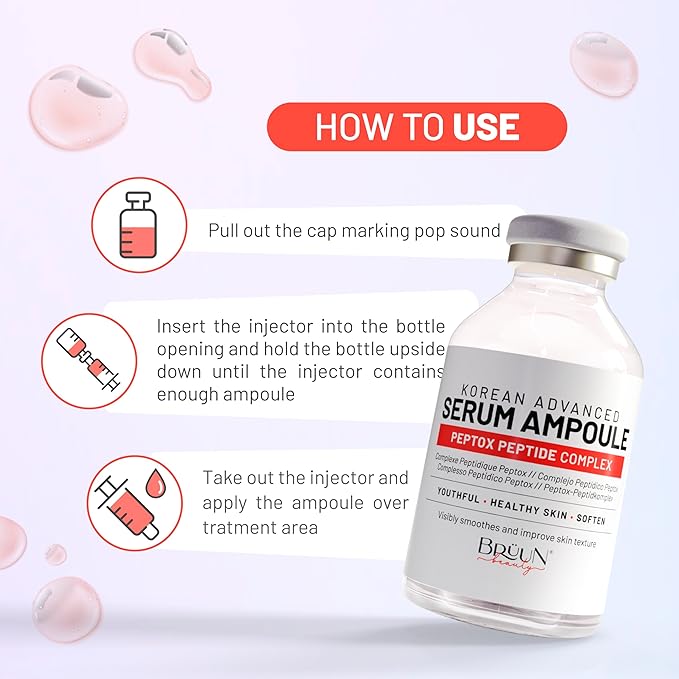 BRÜUN Peptox Peptide Facial Serum Ampoule – Hydrating Korean Skincare Serum for Face and Body, for Use with or without Derma Pen (Not Included), 1.18 fl.oz