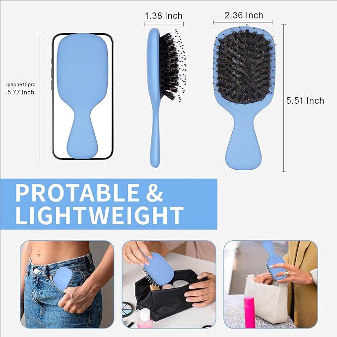 Mini Boar Bristles Hair Bursh, Travel Size Hair Brush for Women Men Kids, Protable Small Hair Brush for Pockets Purses, Mini Detangler Brush for Smooth Add Shine(Blue)
