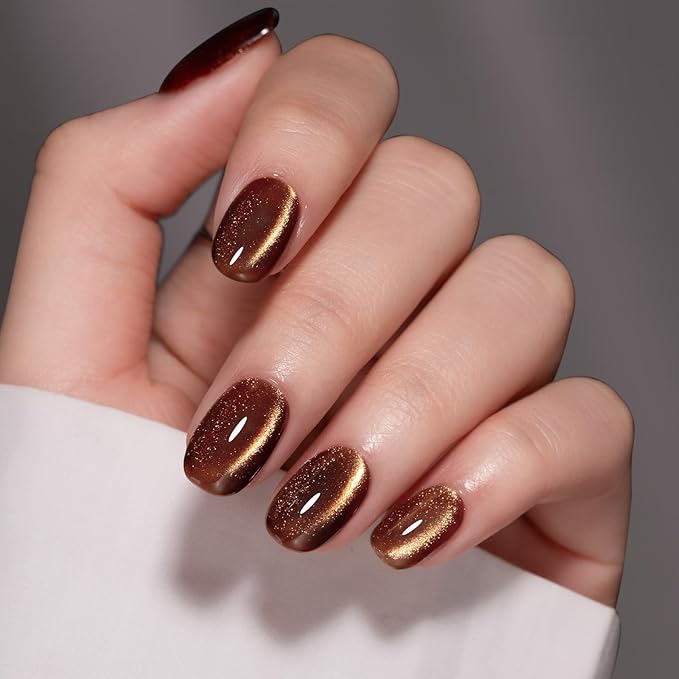 MAYCHAO 15ML Fall Brown Cat Eye Gel Nail Polish 1Pc Gilded Cocoa Cat Eye Gel Polish Soak off Holographic Magnetic Nail Polish for Nail Art Manicure Salon DIY at Home, 0.5 OZ