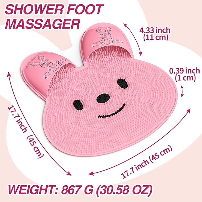 Manmihealth Extra-Large Shower Foot Scrubber Mat with Non-Slip Suction Cups, Rabbit-Shaped Silicone Foot Scrubber in Shower for Men & Women (Pink)