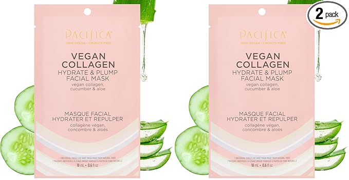 Pacifica Beauty, Vegan Collagen Hydrate & Plump Face Mask, Sheet Mask Set, Skincare, Moisturizer, Hydrated Dewy Skin, Cucumber & Aloe, For Dry & Aging Skin, 2 Pack, Vegan