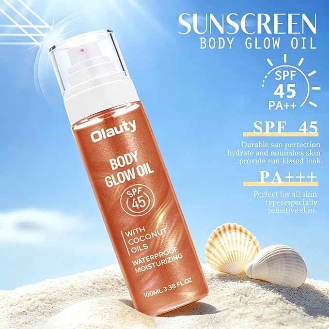 Body Glow Sunscreen Oil SPF 45, Shimmer Body Oil with Coconut Oils, Moisturizing Wateproof Glowing Oil for Body & Face, Lightweight, Glowy Finish,with Rose Gold Mica (Bronze Amber)