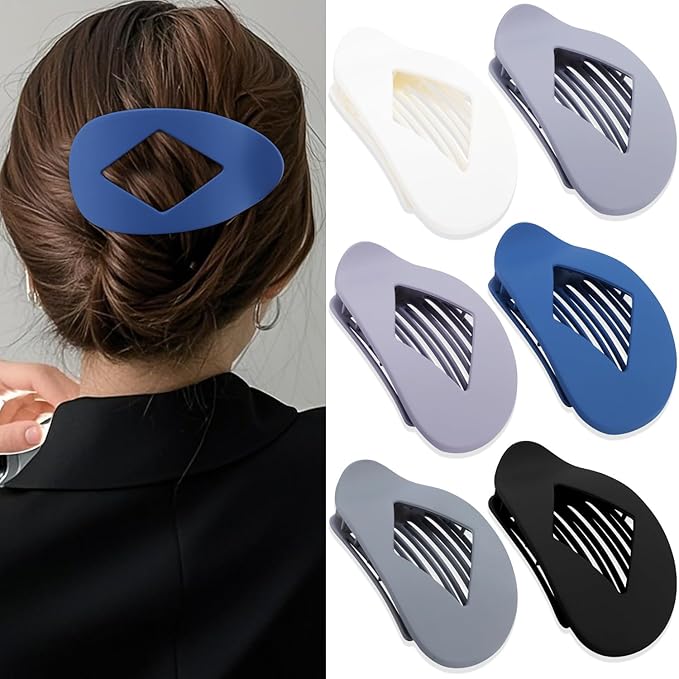 Atoden Large Flat Round Hair Clips Oval Claw Clips for Thick Medium Thin Hair 6Pcs Non Slip Strong Hold Barrettes Duckbill Accessories for Women Girls Matte Solid Color Grey Blue