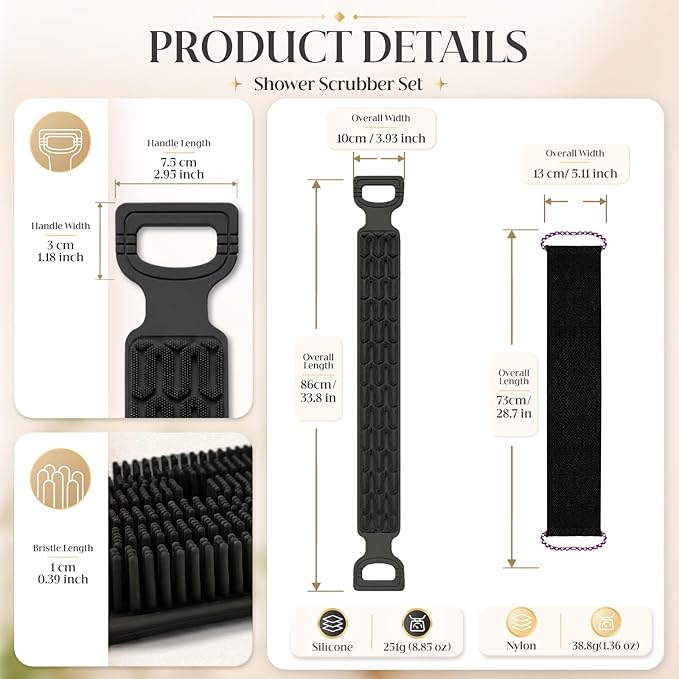 Manmihealth Silicone Back Scrubber for Shower & African Bath Sponge Set, Upgrade 33.8'' Long Silicone Back Brush & Exfoliating Net Sponge Combination, Dual-Sided Use Shower Loofah(Black+Black)