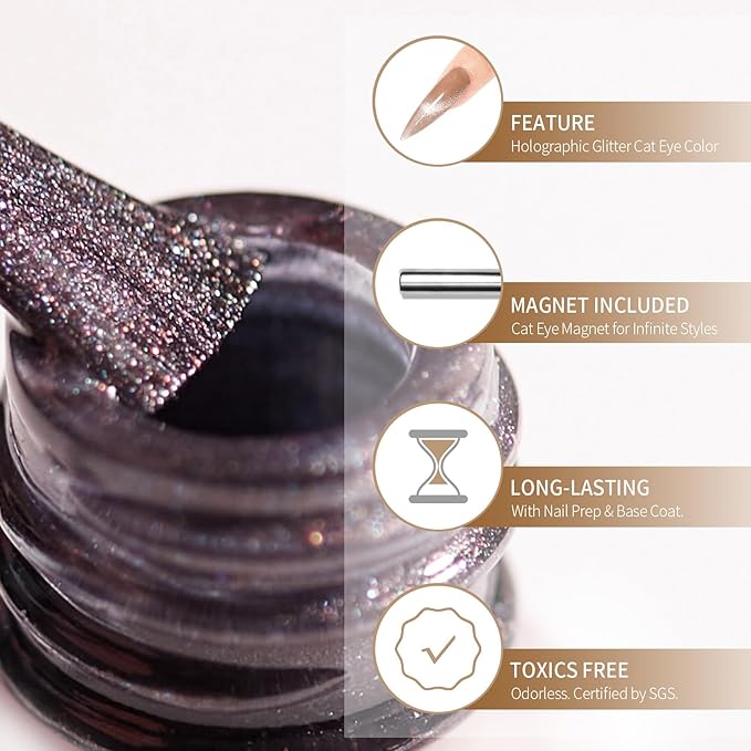 MAYCHAO 15ML Cat Eye Gel Nail Polish 1Pc Purple Shimmer Gel Polish with Magnet Soak off Holographic Magnetic Nail Polish for Nail Art Manicure Salon DIY at Home, 0.5 OZ