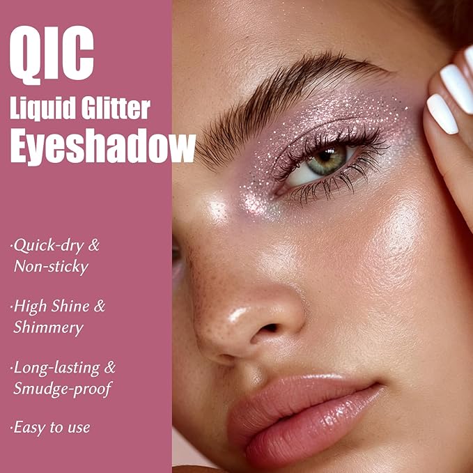 QIC Liquid Glitter Eyeshadow, Metallic & Shimmer Finish, Long Lasting, Non-Creasing, Smudge-proof, Lightweight Formula Liquid Eyeshadow for All Skin Tones, Buildable Color (07 Pink Crystal)