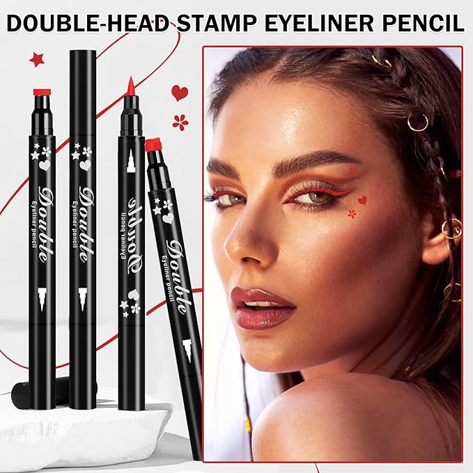 4PCS Red Eyeliner Stamp,Double-headed Red Liquid Eyeliner Pencil for Eye Makeup,Long-lasting Delineador de Ojos Contra el Agua (Star,Triangle,Flower,Heart Eyeliner Stamp)