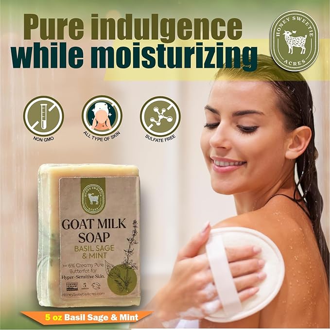 Honey Sweetie Acres Basil, Sage & MInt Goat Milk Soap - Handmade 5 oz Bar, Made with Natural Ingredients, Moisturizing & Gentle, Made in the USA