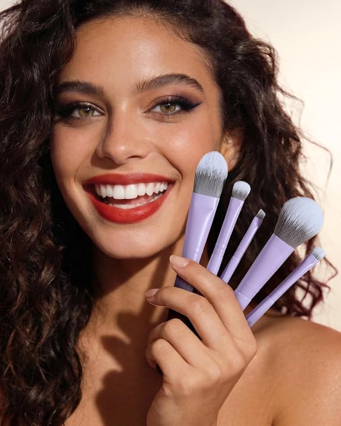 EIGSHOW Makeup Brush Set 5Pcs Basic Makeup Brushes for Powder Foundation Eyeshadow Eyeliner, Synthetic Silver Ion Bristles, Travel-Friendly, Vegan & Cruelty-Free (Matte Purple)