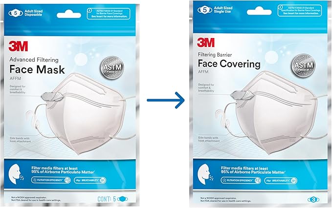 3M™ Filtering Barrier Face Covering, AFFM-5, One Size, 5-Pack