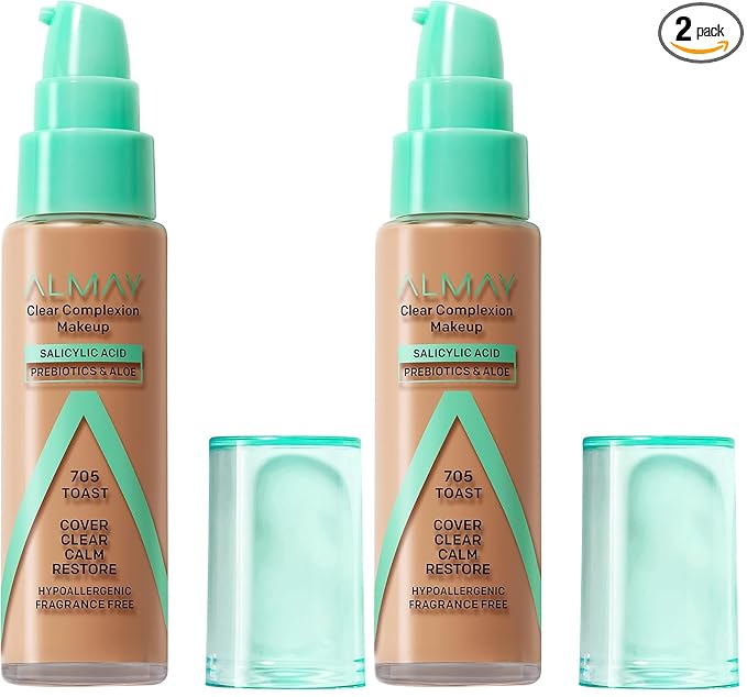 Almay Clear Complexion Acne Foundation Makeup with Salicylic Acid, Medium Coverage, Soft Matte Finish, Hypoallergenic, Cruelty- & Fragrance-Free, Dermatologist Tested, 705 Toast, 1 fl oz (Pack of 2)
