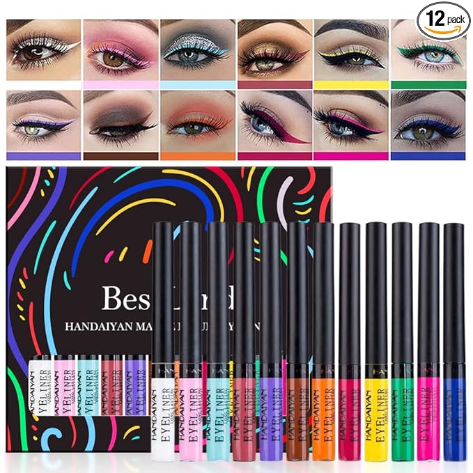 BestLand 12 Colors Matte Liquid Eyeliner Set Rainbow Colorful Neon Eyeliner Pencil Pigmented Waterproof Smudgeproof Long Lasting Gel Eye Liner Christmas Makeup Gift Kit for Women (Set A)