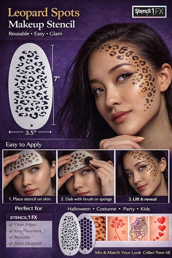 Stencil1FX - Leopard Spots Eye Makeup Stencil for Costumes, Dress Up, Halloween, Cosplay, Face Painting, Raves, Festivals, Parades, Parties