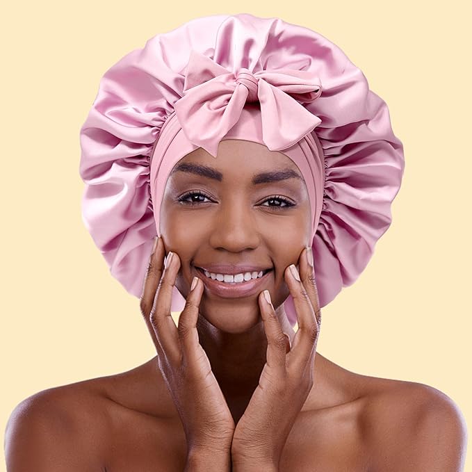 Satin Bonnet with 3PCS Hair Scrunchies for Women Tie Band Hair Bonnet Large 2 Layered Silk Sleeping Cap Nightcap for Sleeping (Pink with Bonus 3 Hair Scrunchies)