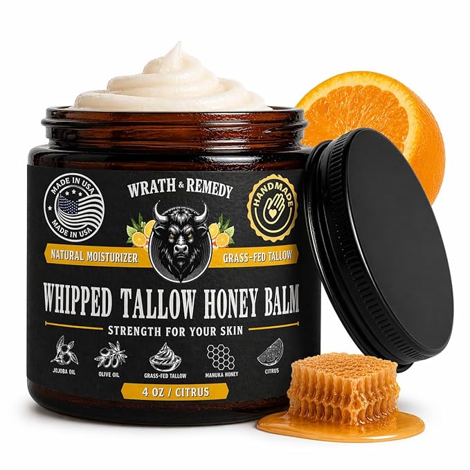 Organic Beef Tallow for Skin - 4 OZ (Citrus) — US-Made Grass Fed Beef Tallow for Face + Body — Whipped Tallow and Honey Balm Moisturizer for Dry and Sensitive Skin, Eczema, Rosacea (No Additives)