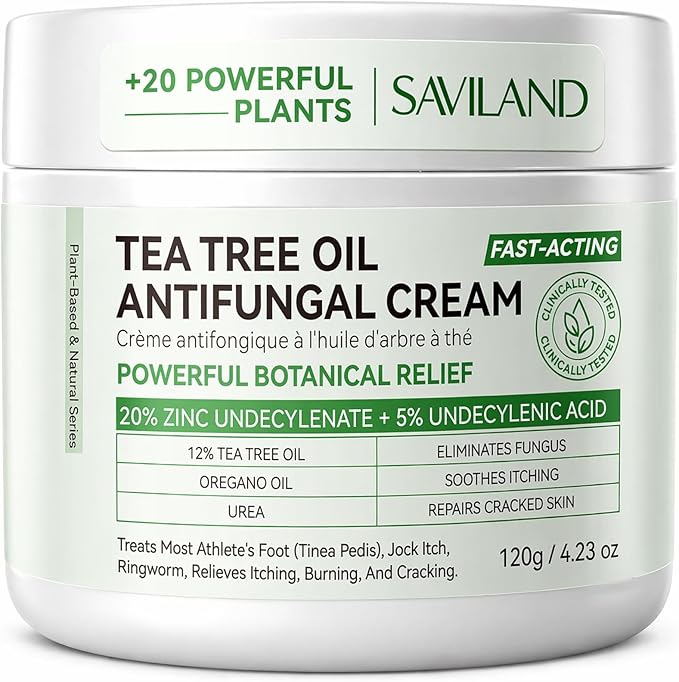 SAVILAND Antifungal Cream 120g Extra Strength: Max 25% Undecylenic Acid Fungal Cream for Skin Athletes Foot Jock Itch Ringworm Foot Fungus Treatment Natural Skin Relief with Tea Tree & Oregano Oil