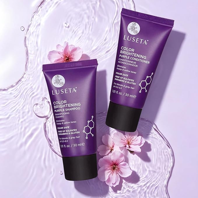 Luseta Color Brightening Purple Travel Shampoo and Conditioner Mini Kit for Blonde, Silver and Gray Hair - Brassiness Neutralizer for Highlighted and Bleached Hair, 2x1.01oz Carry on Friendly